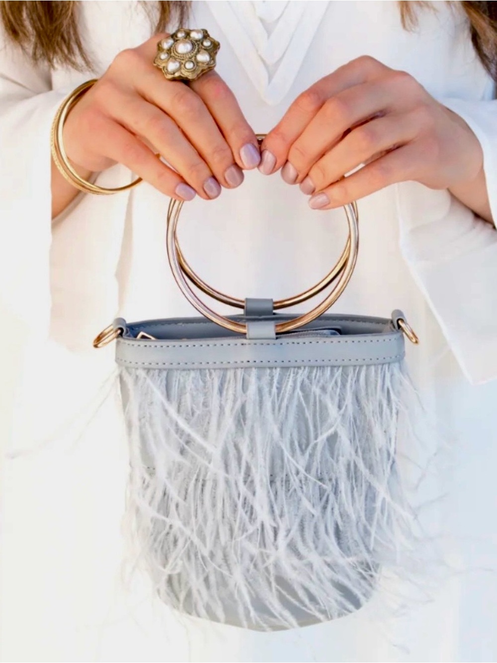 Vintage Feather Fringe Bucket Bag with Gold Ring Handle